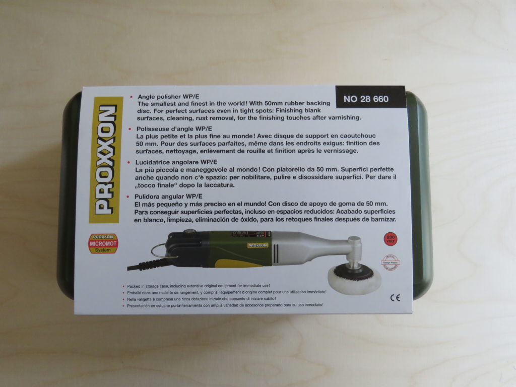 Cardboard from Polisher Proxxon with a basic description in 4 languages. 